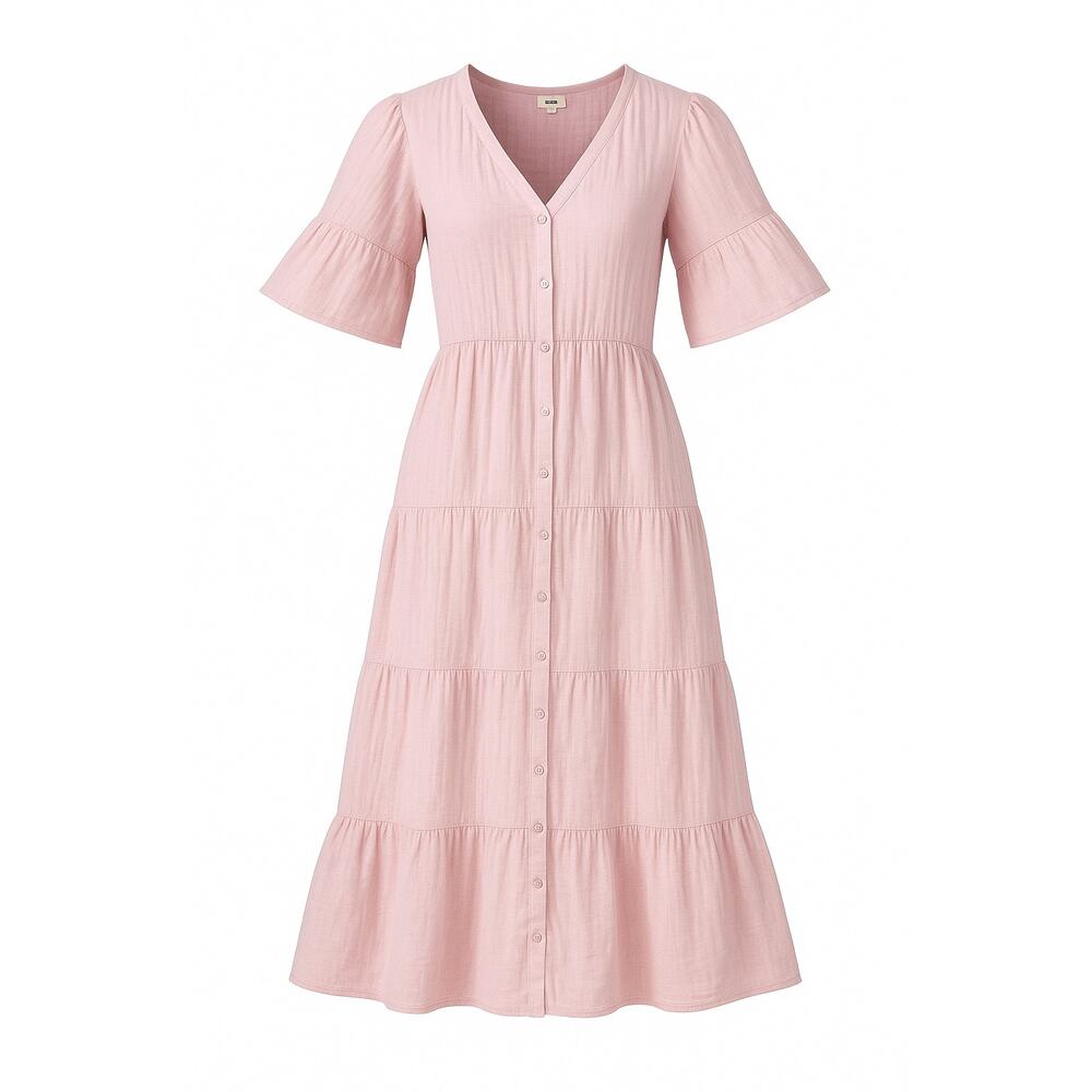Pact 100% Organic Cotton Pink Button-Front Midi Dress – Women’s Small